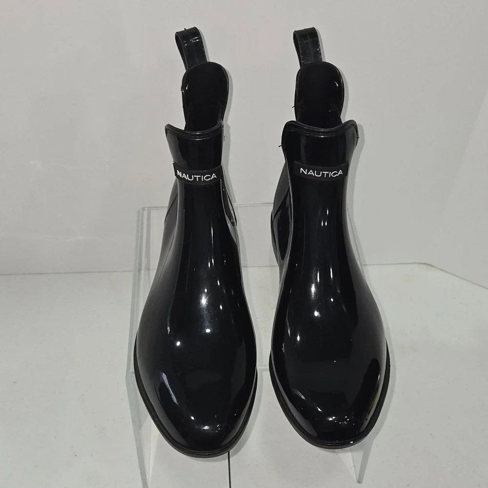 Nautica Cliff Comfort Lurex Black Glossy Rain Boots Womens Size 9 Chelsea Ankle